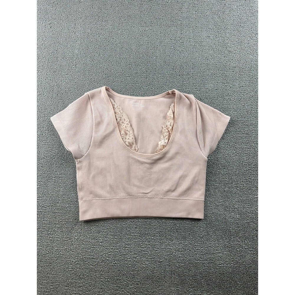 Aerie Crop Top Women S/P Pink Superchill Slim Ribbed Lace Loungewear Athleisure‎